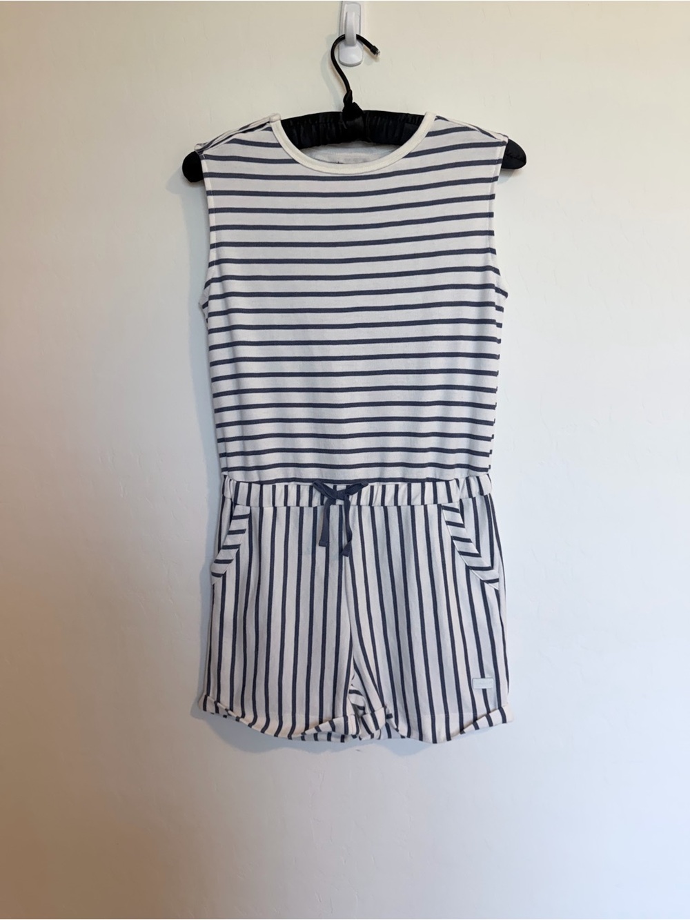 7 For All Mankind White and Navy Striped Sleeveless Romper